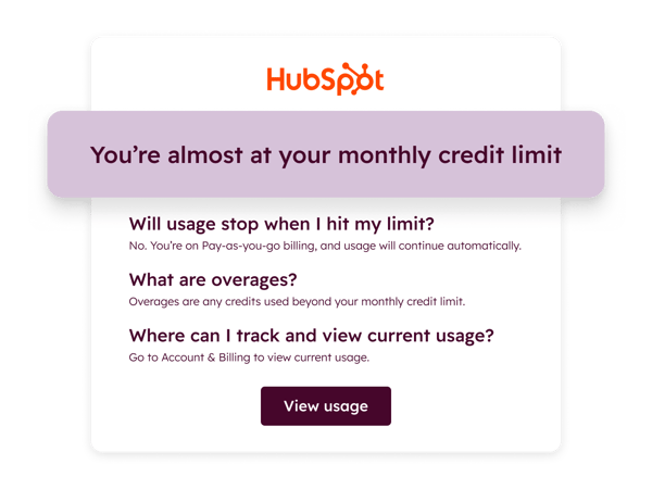 HubSpotプラットフォーム上で、月間クレジット上限に近づくと通知が表示されます。よくあるご質問（FAQ）や「利用状況を確認する」ボタンも表示されます。