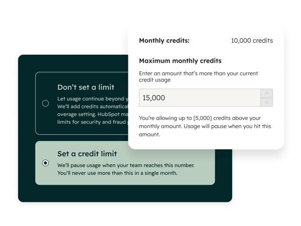 特定のしきい値に達したときにAIアクションが一時停止されるように、HubSpotで月間の最大クレジット限度額を設定する方法を説明します。