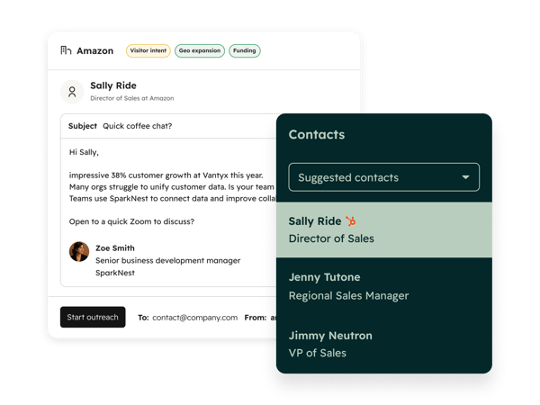 HubSpotのAIが、訪問者の意図に基づいて特定の連絡先へのアプローチを推奨している様子を示しています。