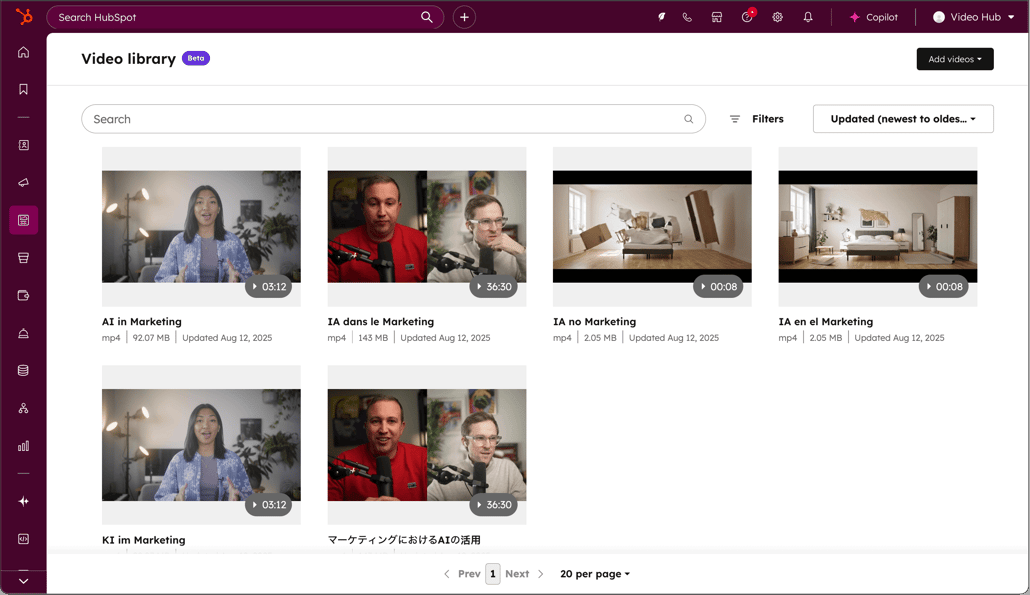HubSpotの動画マーケティングライブラリーのスクリーンショット