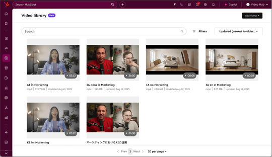 HubSpotの動画マーケティングライブラリーのスクリーンショット
