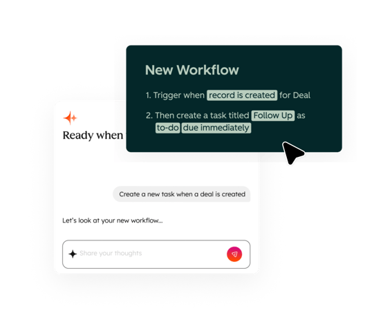 HubSpotのユーザーインターフェースでは、ユーザーがBreezeアシスタントに対し、商談が作成された際に新しい自動化を作成するよう依頼する様子が表示されています。その後、Breezeアシスタントは、タスク名や期限日など、作成中の新しいワークフローの設定を指定するようユーザーにプロンプトします。