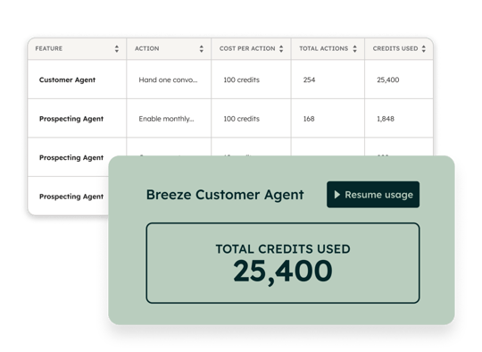 顧客対応エージェントや案件創出案件創出エージェントなど、さまざまなAI機能に使用されるクレジットの合計と内訳を表示するダッシュボード。