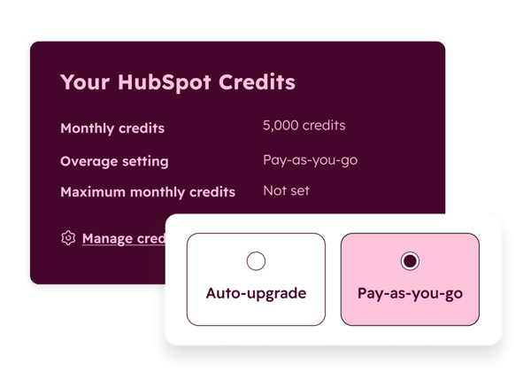 HubSpotアカウントにクレジットを追加するためのさまざまな支払いオプションが表示されます。クレジットパックまたは従量課金制からお選びください。