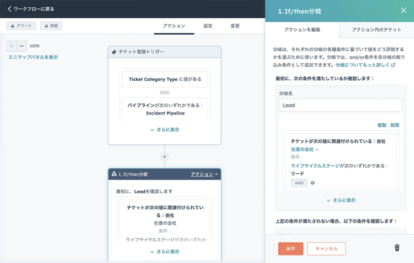 HubSpotワークフロー画面