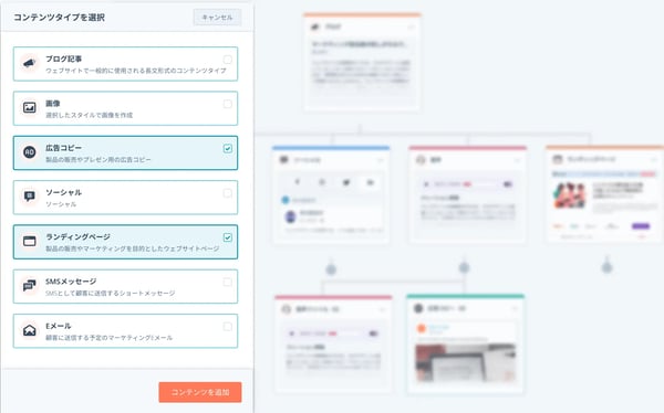 HubSpot コンテンツリミックスのコンテンツタイプ選択画面イメージ