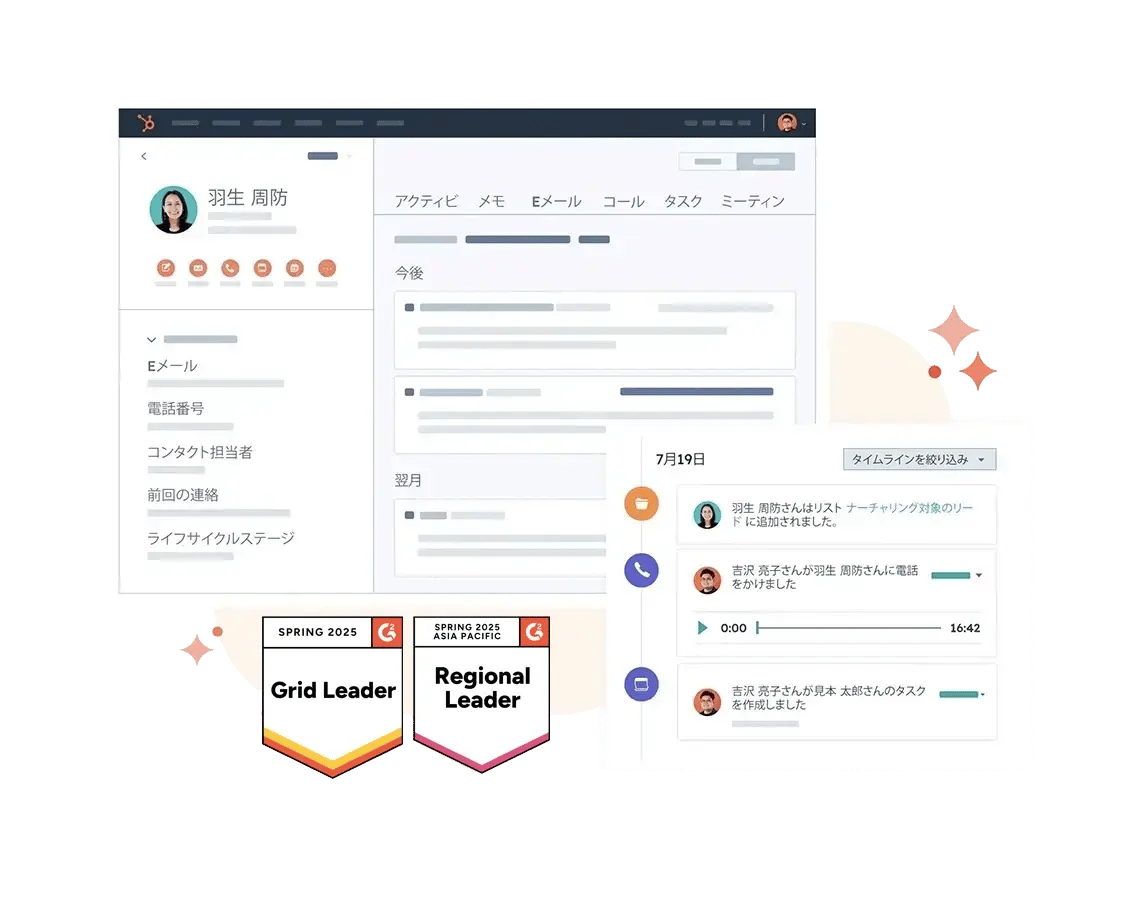 HubSpotのCRMのビジネスのコンタクトレコードと、コンタクトのアクティビティ、ビジネスとのインタラクションを表示しているHubSpotのUI2023年秋にHubSpot CRMがリーダーとして授与されたG2アワードバッジも表示している画像