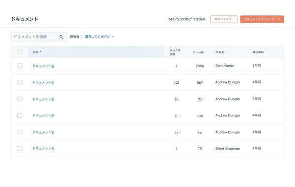 HubSpotのドキュメント トラッキング ツールのフォルダー内に整理したドキュメントの表示画面