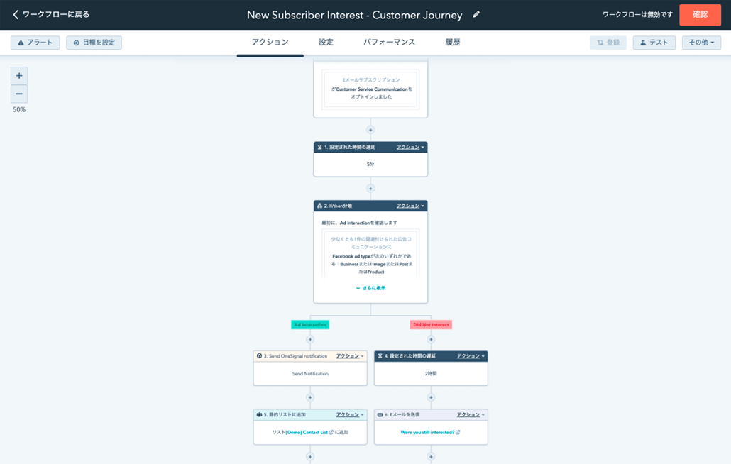 HubSpotのマーケティング オートメーション ソフトウェアのワークフロー画面