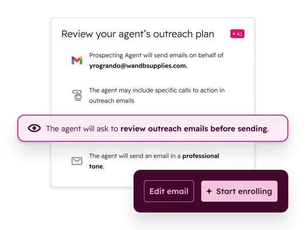 コンタクトを登録する前にエージェントの設定とそのアクションを確認することで、HubSpotユーザーがエージェントをコントロールする方法を示します。