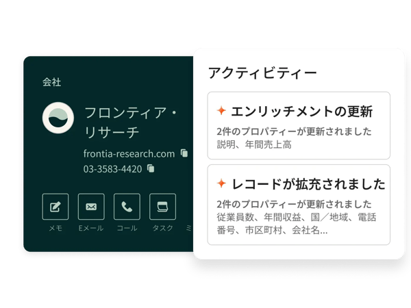 HubSpotのSmart CRMにおける会社レコードのエンリッチメントを示した製品画面のスクリーンショット