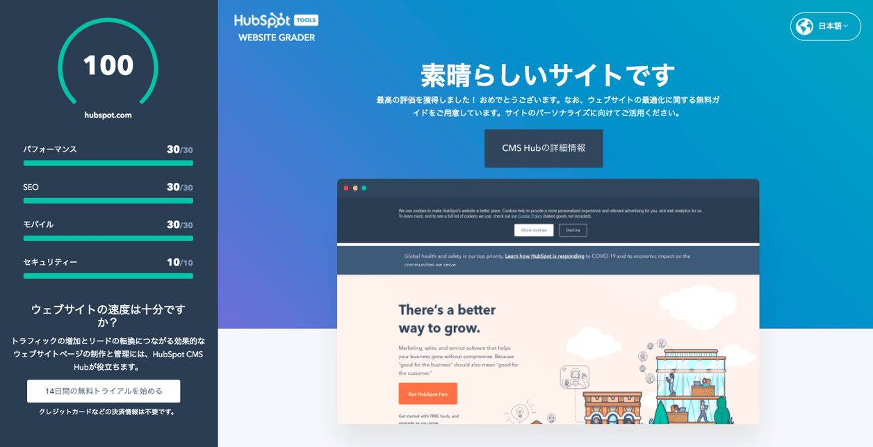 Website Grader Test Results for Hubspot JP-1