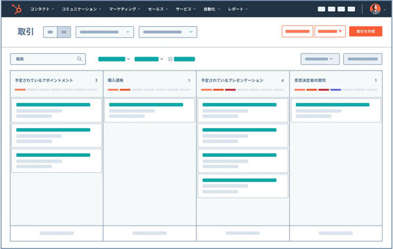 ユーザーの取引パイプラインを表示するHubSpotのUI 