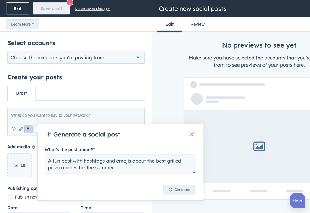 HubSpotのAIコンテンツアシスタントがピザのレシピに関するSNS投稿文を作成している画面