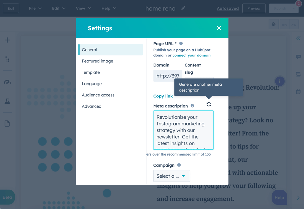 HubSpotのメタディスクリプション生成機能のUI