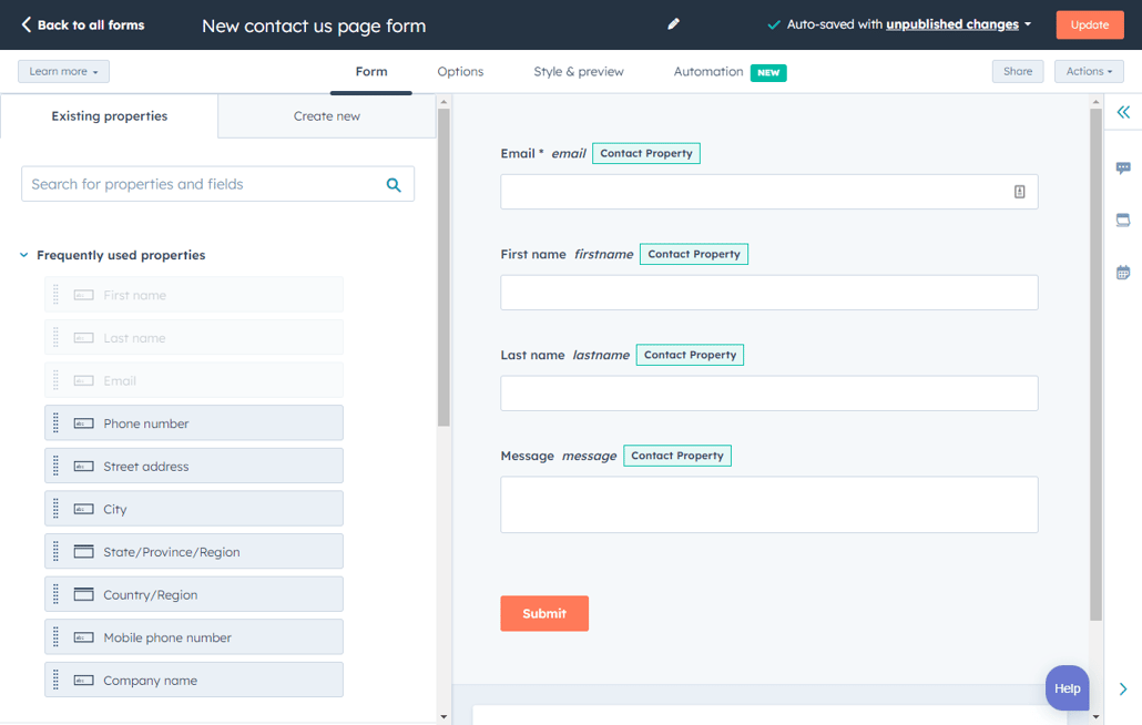 HubSpotフォーム作成ツールのエディターのインターフェイス
