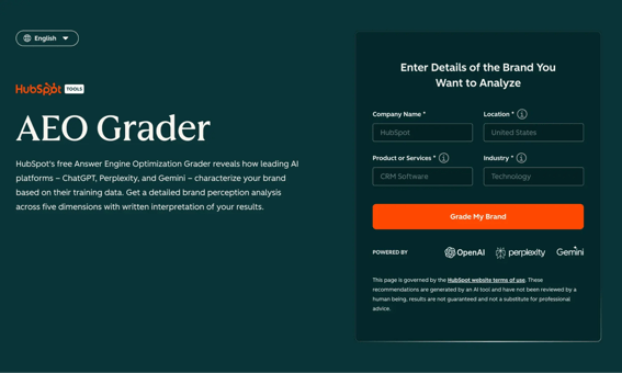 HubSpotの無料診断ツール「AEO Grader」は、オンページSEOの改善後に、LLMが自社ブランドをどのように認識するかを明らかにします。