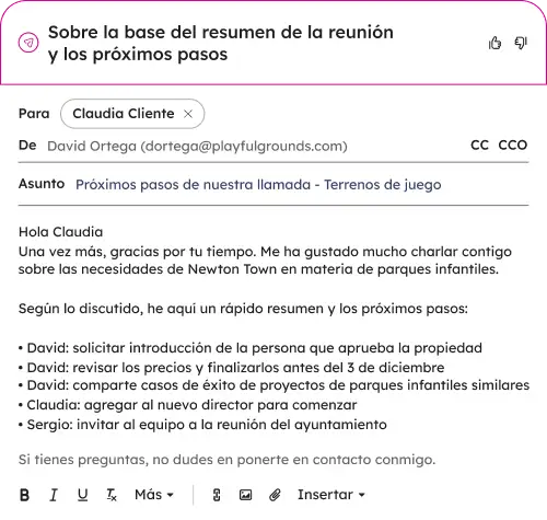 フォローアップEメールは、打ち合わせ内容を基に自動で作成されます。