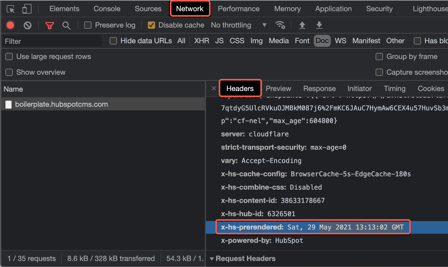 プリレンダリング済みのヘッダーを示すChromeの［Network］タブ