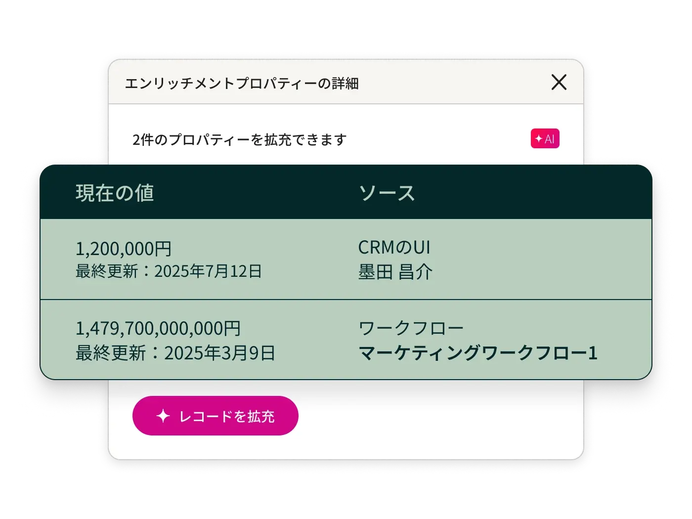 エンリッチメント対象のプロパティー数、対象プロパティー、現在の値、ソースが表示される、エンリッチメントプロパティーの詳細使用可能なクレジットの数が表示されます。