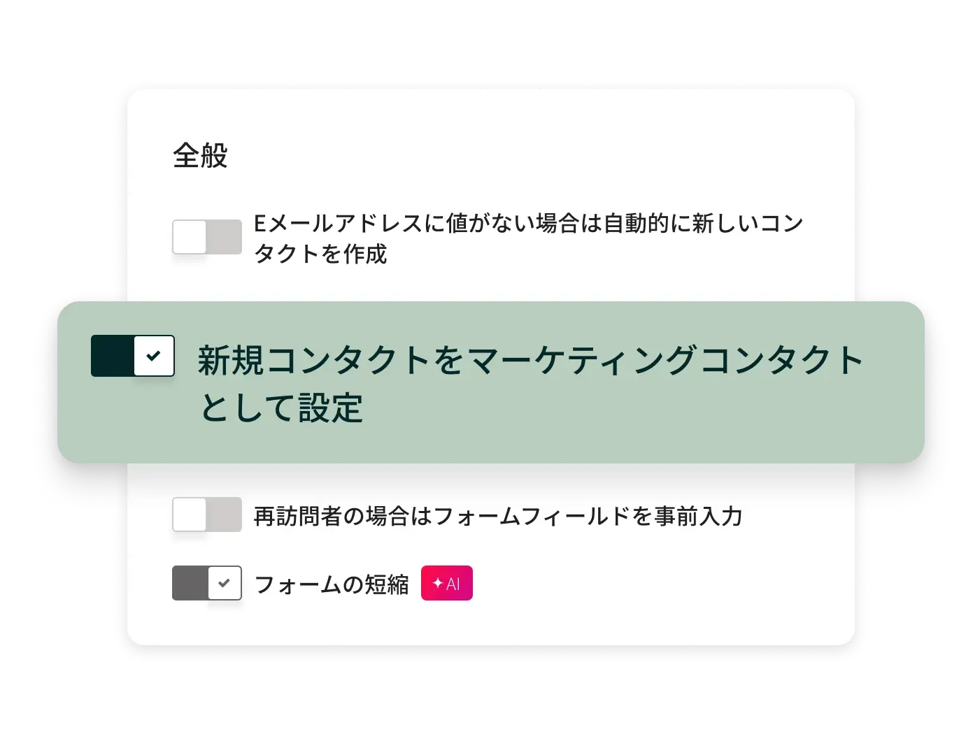 フォーム短縮機能のフォーム全般設定。知らないEメールアドレスからの新規コンタクトを自動で作成したり、新規コンタクトをマーケティングコンタクトに設定したり、リピーター向けにフォームの項目を自動入力したりするなどのオプションがあります。