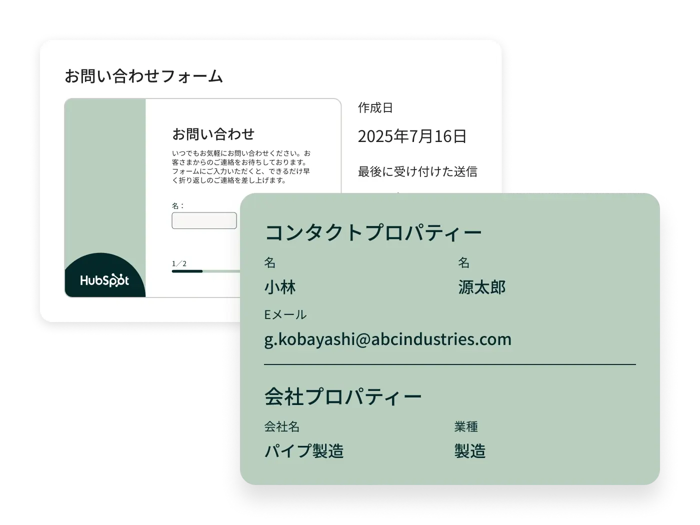 コンタクトプロパティーのコンタクトフォーム送信の詳細。コンタクト、会社、コンバージョンページ、作成日、コンタクトプロパティーが表示されています。