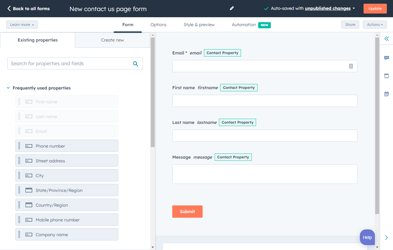 HubSpotフォーム作成ツールのエディターのインターフェイス
